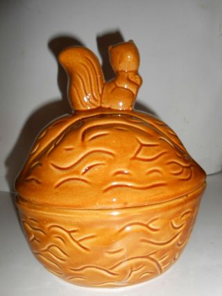 Vintage Ceramic Squirrel Walnut Cookie Jar Candy Dish Nut Bowl Canister With Lid