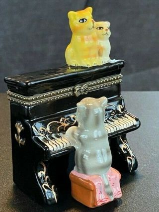 Vintage Porcelain Trinket Box Grey Cat Playing Black Piano Yellow & White On Top
