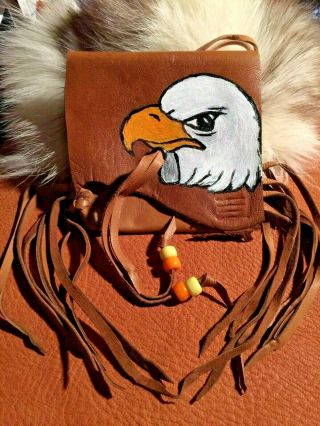 Eagle Hand Paint Lambskin Medicine Bag,  Spiritual Bag With Fringe,  Pony Beads.