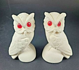 2 Vintage White Sandstone Owls Figurine With Red Eyes Made In Italy Owl Figurine
