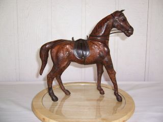 Vintage Leather Tool Wrapped Brown Figure Sculpture Horse Saddle Statue 12 " Tall