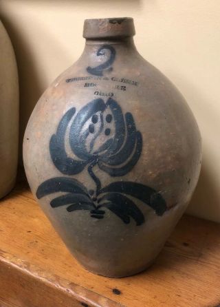 Antique 2 Gal Thurston & Clemmer Stoneware Jug Cobalt Blue Tulip Decoration,  Ohio