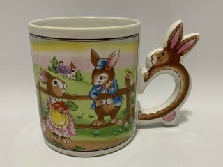 Vintage Easter Bunny Rabbit Ceramic Coffee Mug Cup Bunnies On Fence Japan