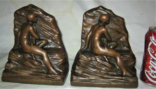 Antique Art Deco Nude Lady Bronze Clad Statue Sculpture 6 Lb Book Bookends Usa
