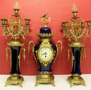 Antique Mantel Clock 19th Century French Porcelain Garniture Cobalt Blue
