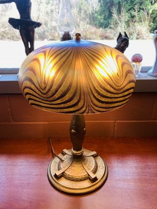 Jugendstil Antique Lamp Hand Blown Iridescent Pulled Feather Art Glass Shade