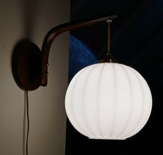 Vtg Mcm Danish Teak Wood Hanging Glass Orb Globe Wall Sconce Lamp Light Swag