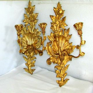 2 Italian Florentine Gold Gilt Wood Carved Candelabra Sconces Hollywood Regency