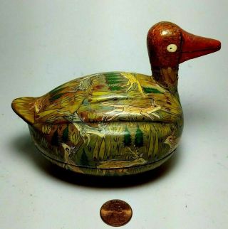 Vintage Paper Mache Duck Trinket Box With Animal & Forest Design,  Made In India