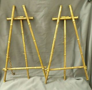 Pair Vintage Gilt Tole Faux Bamboo Italian Painting Portrait Table Top Easel