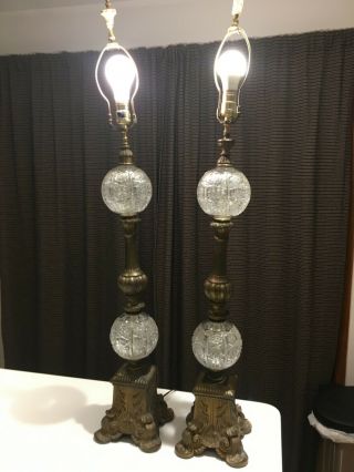 Pair Tall Antique Cut Crystal Glass Table Lamps Metal Banquet Hollywood Regency
