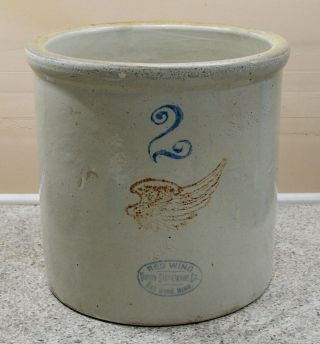 Antique Vintage Red Wing 2 Gallon Stoneware Crock Big Wing And Blue Oval