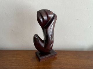 Vintage Modernist Signed Hand Carved Wood Bird Sculpture Mid Century Modern