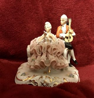 Antique Dresden Volkstedt Ackermann & Fritze Porcelain Couple Sitting On Couch