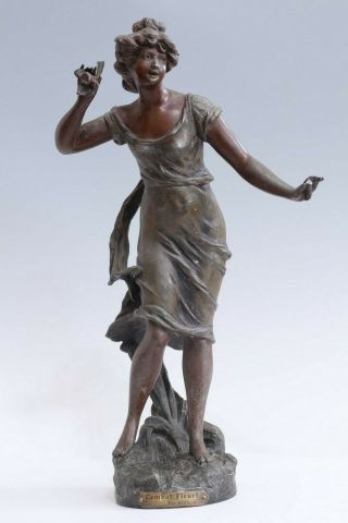 Antique Bronzed Spelter Woman Figure " Combat Fleuri " Par Ruffony