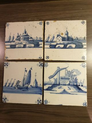 Set Of 4 Antique Dutch Delft Blue Tiles.  Ca.  1750 - 1850