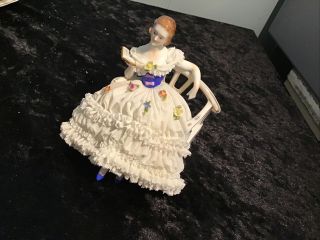 Victorian Gowned Lady Fashion Sitting On A Bench Reading Dresden Lace Figurine