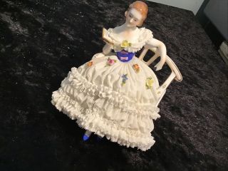 VICTORIAN GOWNED LADY FASHION SITTING ON A BENCH READING DRESDEN LACE FIGURINE 3