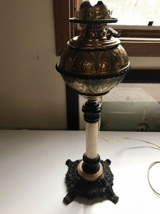 Antique 23” Ornate Oil Parlor Banquet Lamp Cherubs & Marble Stem For Restoration