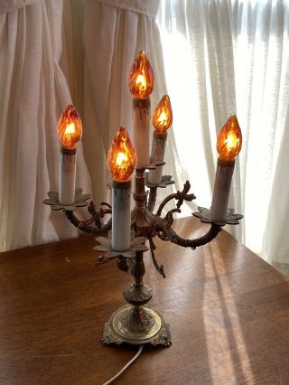Vintage 5 Light Brass Candelabra Electric Table Lamp Missing Crystal Prisms