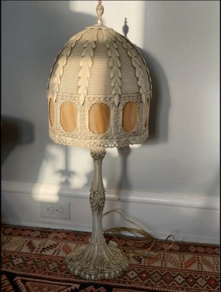 Antique 34” Bent Slag Glass 8 - Panel Table Lamp - Ornate Shade - Beauty