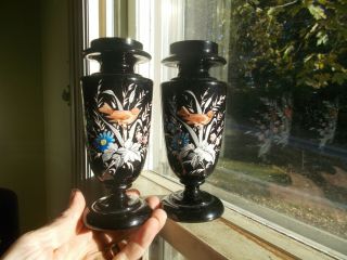 Pair 1870s Black Amethyst Bristol Glass Vases Hand Painted Birds & Flowers Pair