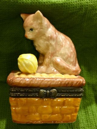 Orange Tabby Cat On A Weaved Basket Metal Hinged Ceramic Trinket Box Yarn Ball