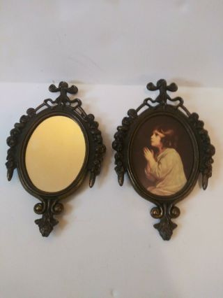 Set Of 2 Vintage Metal Wall Hanging Frames Plaques Mirror & Praying Child - Italy