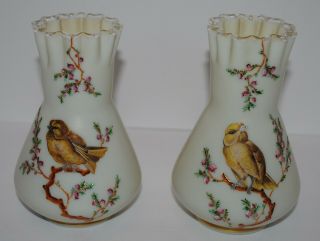 Victorian Handpainted Satin Glass Vases - Handblown