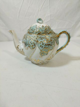 Antique Porcelain Individual Tea Pot White With Robin Egg Blue Gold Swirls Trim