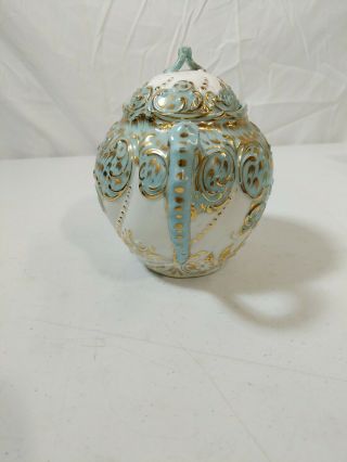 Antique Porcelain Individual Tea Pot White with Robin Egg Blue Gold Swirls Trim 2