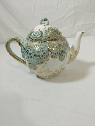 Antique Porcelain Individual Tea Pot White with Robin Egg Blue Gold Swirls Trim 3