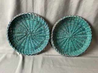 Vintage Set Of 2 Flat Round Blueish Green Wicker Woven Baskets For Wall Table Jl