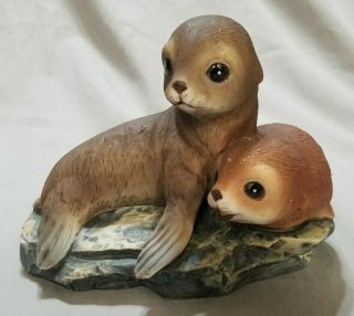 Vtg Homco Masterpiece By Homco Porcelain Baby Seals Figurine,  Signed,  Year 1981