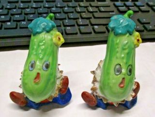Vintage Cucumber Pickle Head Anthropomorphic Salt & Pepper Shakers Set
