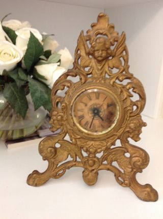 Shabby Clock Imperial Cherub Angel Shelf Mantel Clock Cast Iron Gold Tone Vtg