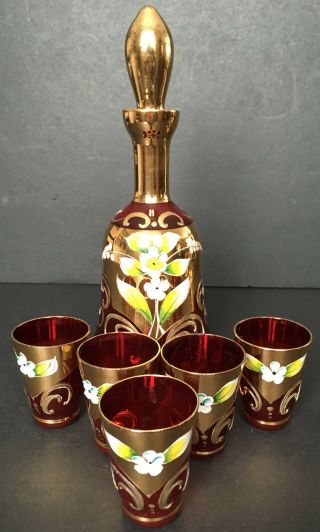 Bohemian Czech Moser Style Ruby Red Enamel Decanter & 5 Glasses