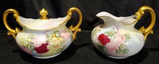 Antique French Porcelain Limoges T&v Multi Color Floral Creamer Sugar Bowl Set
