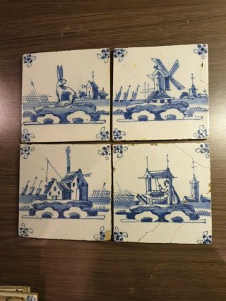 Set Of 4 Antique Dutch Delft Blue Tiles.  Ca.  1800 - 1850