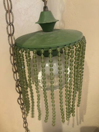 Vintage Retro Green Beaded Hanging Pendant Swag Lamp Light
