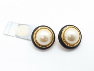 Christian Dior Vintage Nwt Gold Tone Large Black Enamel & Pearl Clip - On Earrings