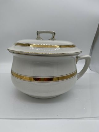 Vintage Porcelain Chamber Pot Lidded Chamber Pot Basin Bowl Vanity Gold White