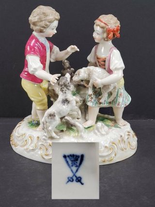 Vintage German Porcelain Figural Group,  Children With Dog And Lamb,  Dresden?