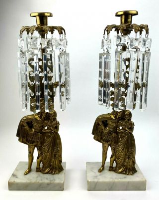 Antique 2pc Figural Girandole Gilt Bronze Brass Candle Holders W Crystal Prisms