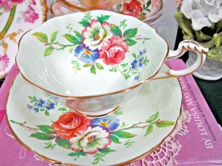 Paragon Tea Cup And Saucer Pale Green & Pink Rose Floral Teacup England 1950s