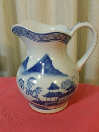 19th Century Chinese Export Porcelain Blue And White Pitcher Signed Handmade.