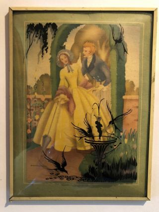 Vintage Reverse Painted Silhouette Convex Bubble Glass Man And Women Couple