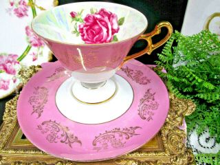 Royal Halsey Japan Tea Cup And Saucer Pink Rose Pink Pedestal Teacup Gold Gilt