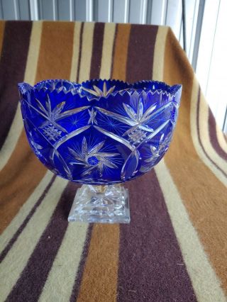 Very Large Vintage Bohemian Czech Cut To Clear Cobalt Blue Footed Center Bowl