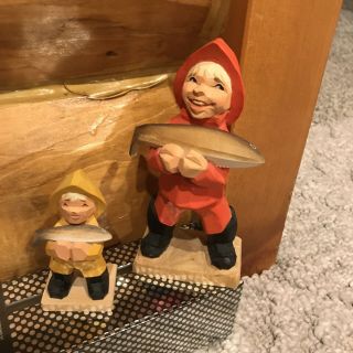Norwegian Henning Carving - 2 Boys With Fish - Hand Carved In Norway 4” & 6 1/2”